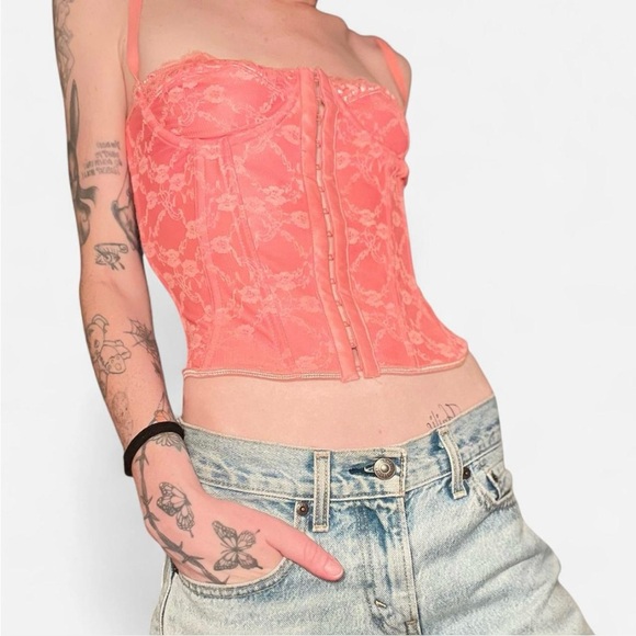 Baby Pink/Coral Lace Corset Bra Top with a Beautiful Criss Cross Back Detail - Picture 3 of 5